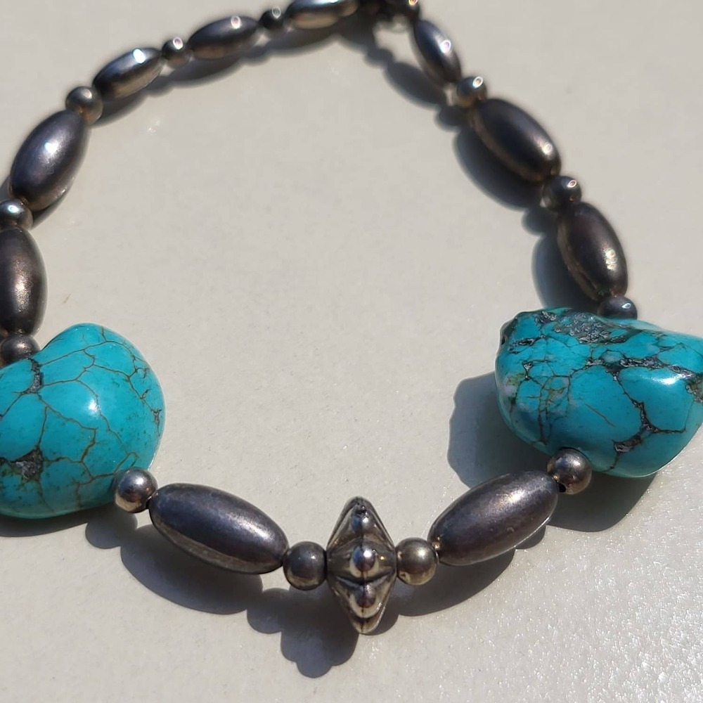 Vintage Turquoise Sterling Silver Melon Bead Bracelet Blue Southwestern - Picture 4 of 10